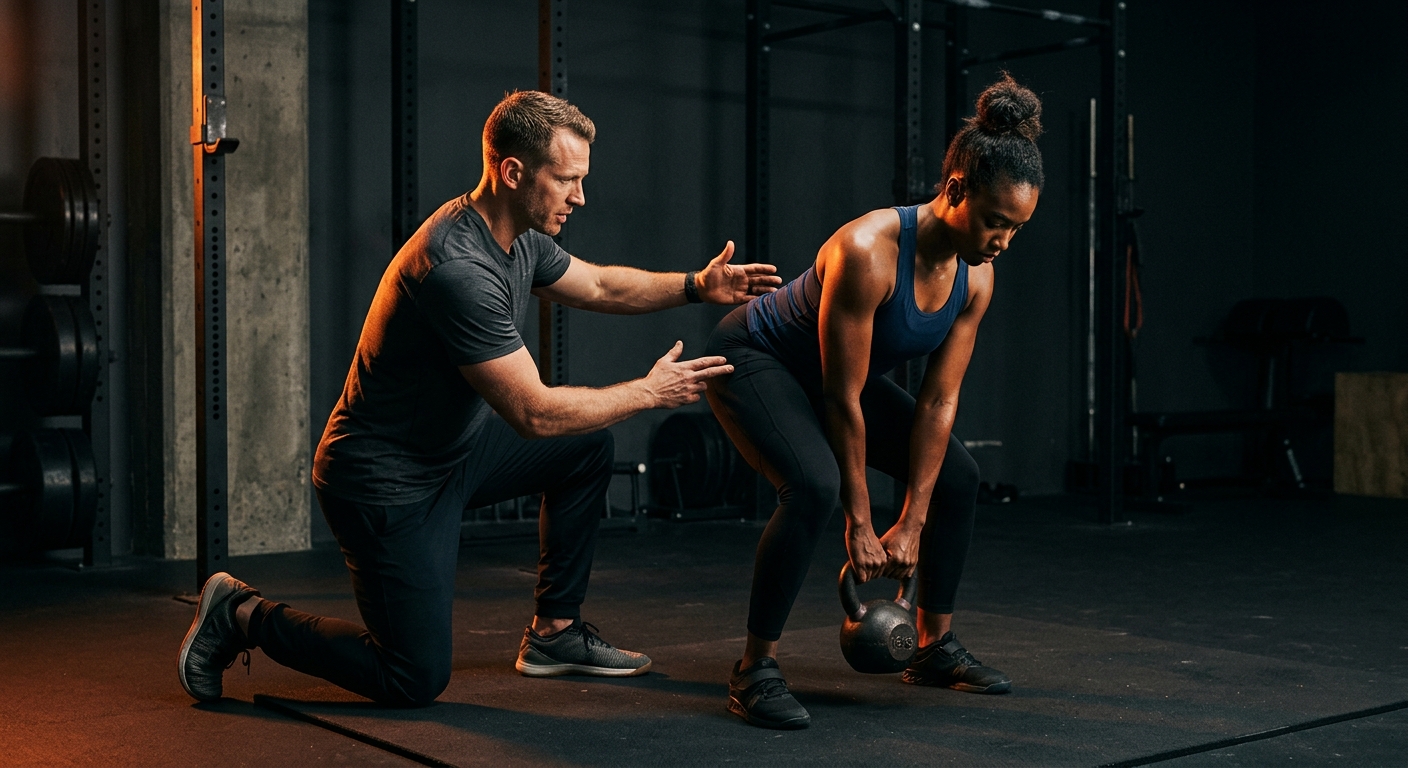 Coach correcting deadlift hip-hinge form