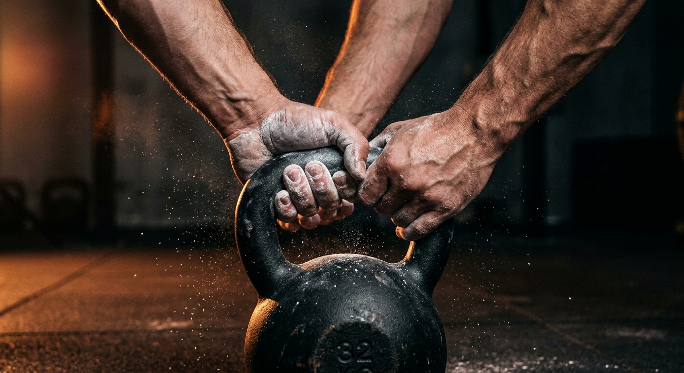 Chalked hands gripping a kettlebell